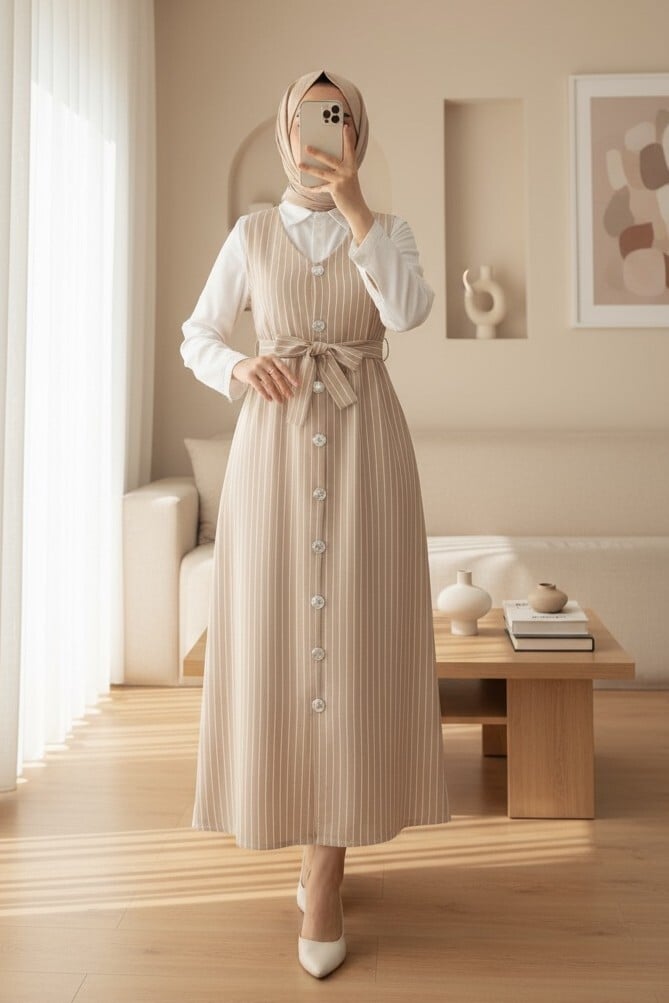 Beige Striped Pinafore Dress with Belt for Women - Podyumplus - by Peralane - photo 2