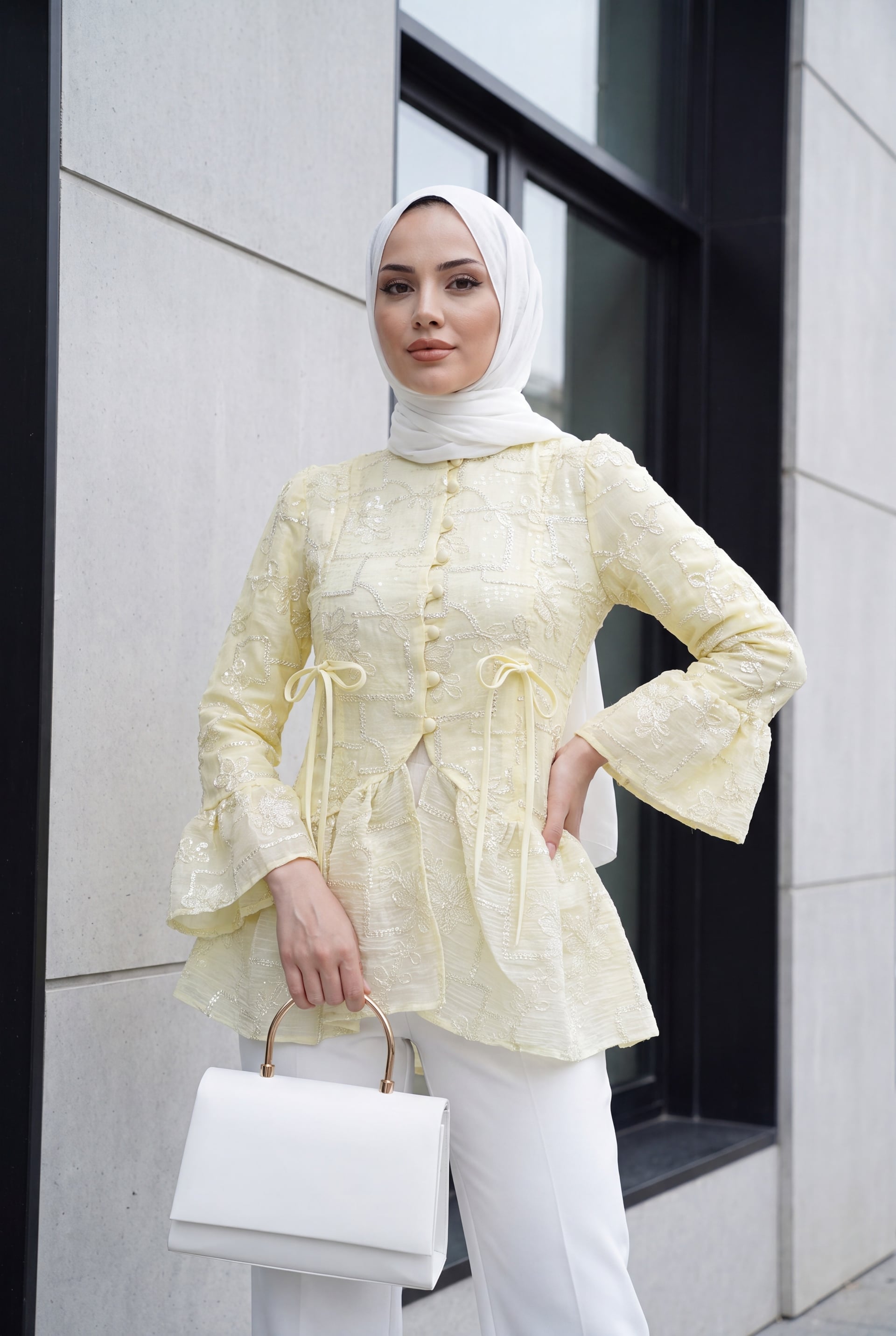 Pale Yellow Embroidered Peplum Tunic with Bell Sleeves - Podyumplus - by Peralane