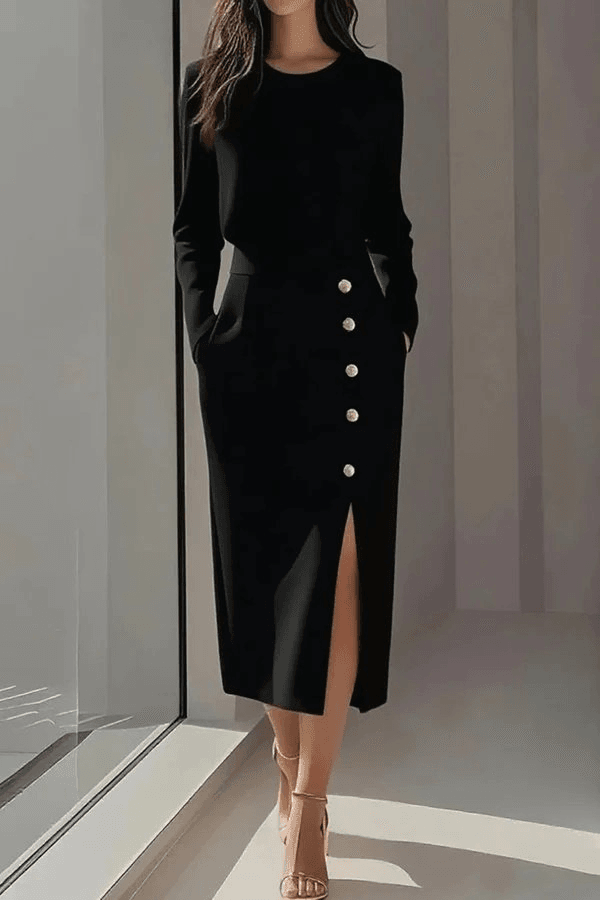 Women's Black Long Sleeve Crew Neck Side Slit Buttoned Midi Crepe Dress - Janes - by Peralane