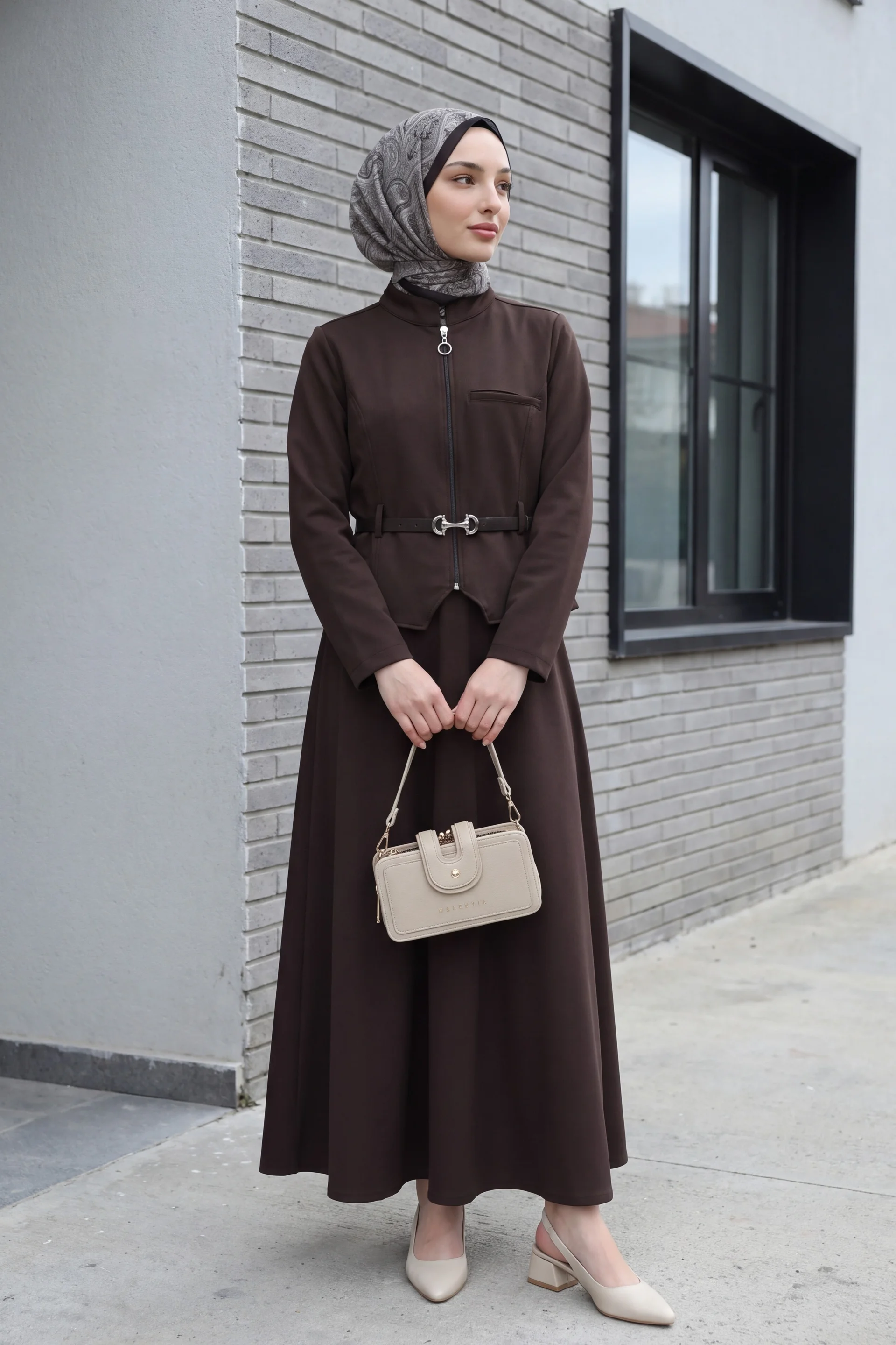 Front Zipper Pocket Detail Belted Skirt Diagonal Two-Piece Set - Brown - Podyumplus - by Peralane - photo 4