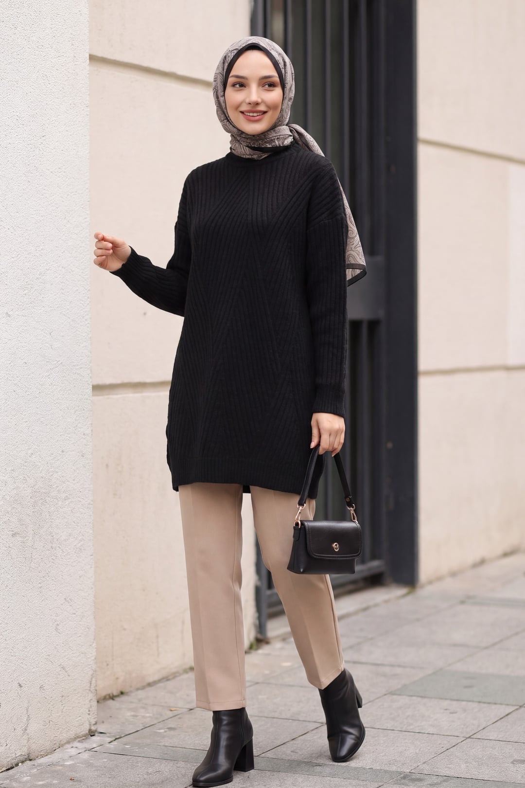 Black Ribbed Knit Diamond Pattern Tunic - Podyumplus - by Peralane - photo 4
