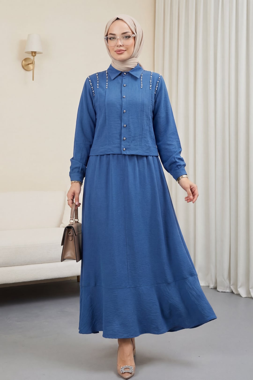 Pearl Shoulder Buttoned Jacket and Maxi Skirt Co-ord Set - Blue - Podyumplus - by Peralane - photo 2