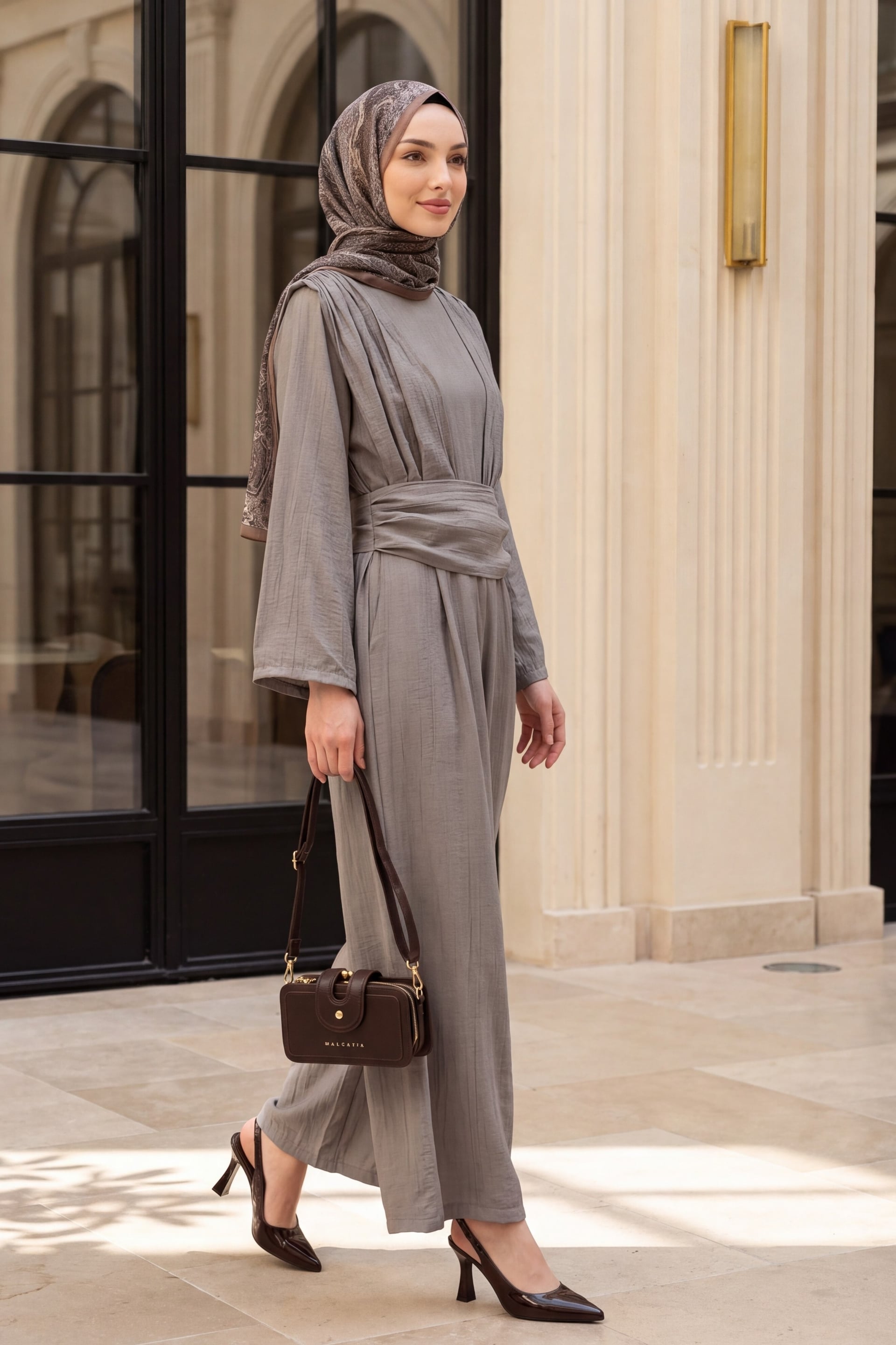 High Neck Pleated Pocket Belted Jumpsuit - Earth - Podyumplus - by Peralane - photo 3
