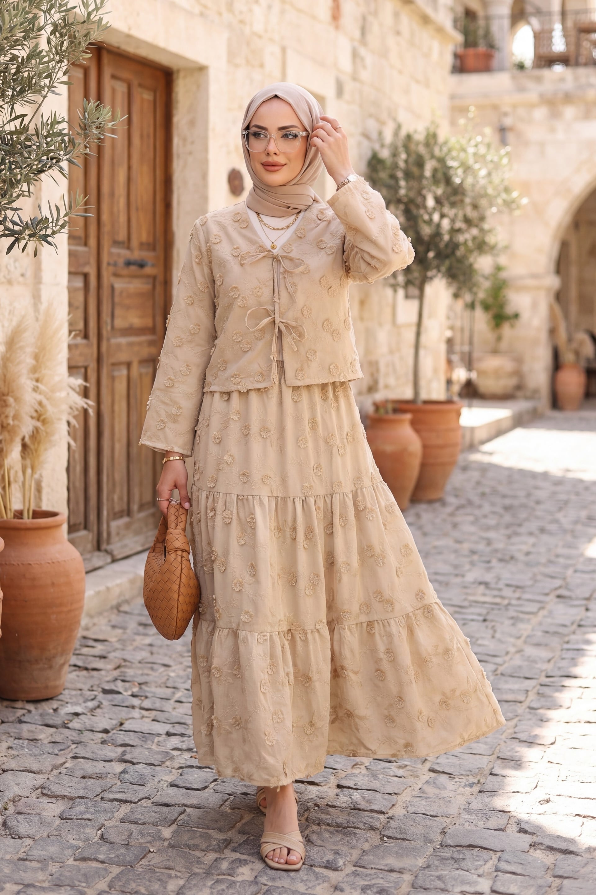 Tie-Front Embroidered Floral Kimono Set with Lined Skirt - Beige - Podyumplus - by Peralane - photo 2