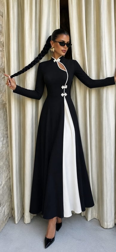 Women's Long Black Crepe Dress with Mandarin Collar and White Panel - Janes - by Peralane