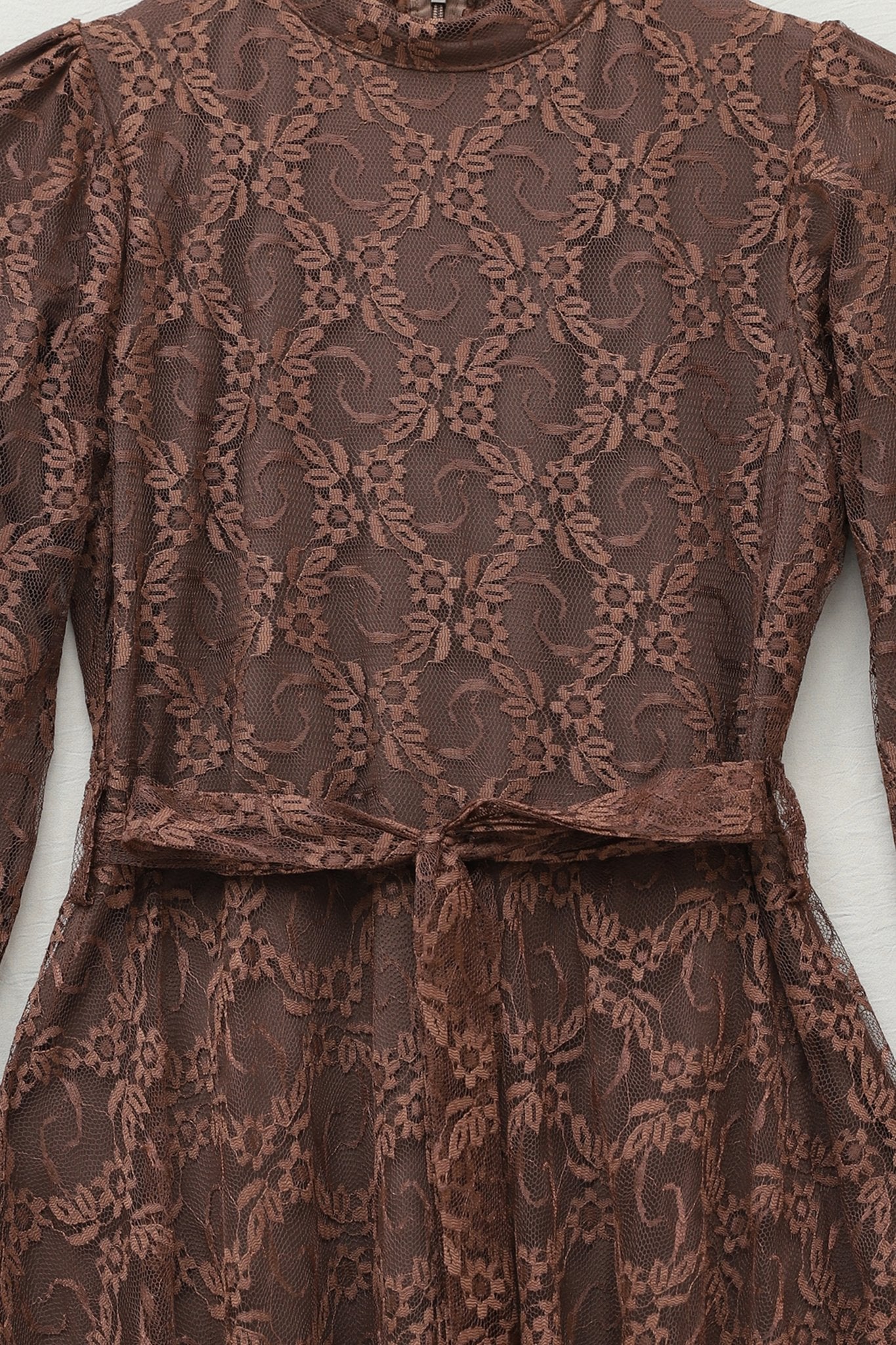 Floral Lace Tie Waist Dress with Flared Cuffs - Brown - Podyumplus - by Peralane - photo 6