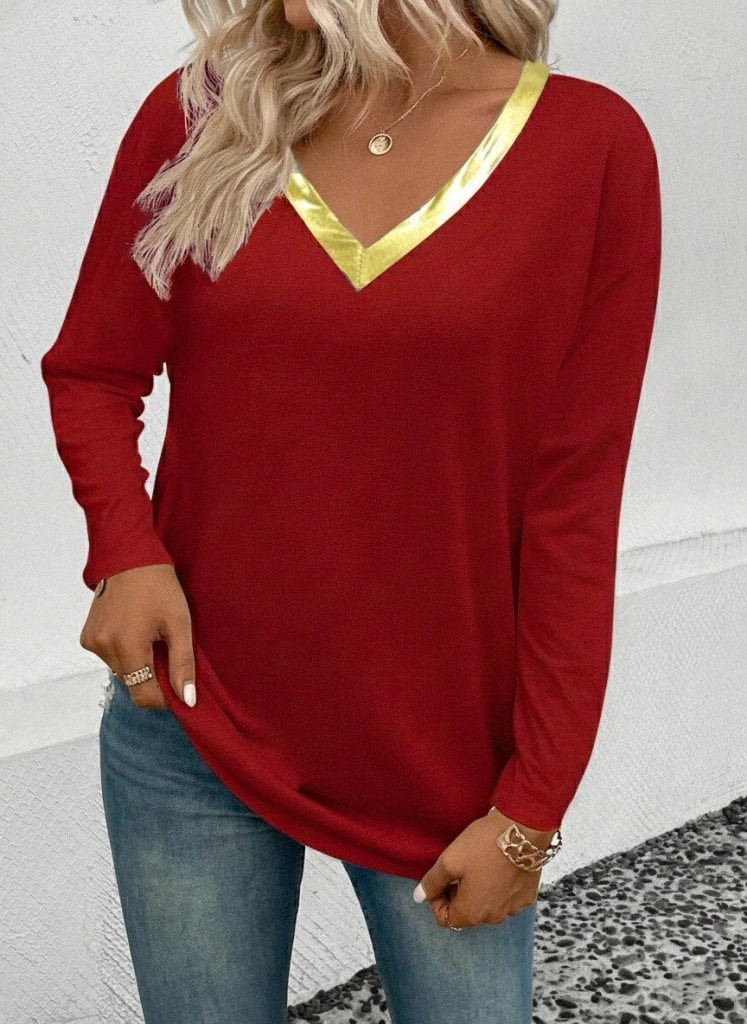 Women's Long-Sleeved V-Neck Blouse with Shiny Collar Detail - Janes - by Peralane - photo 2