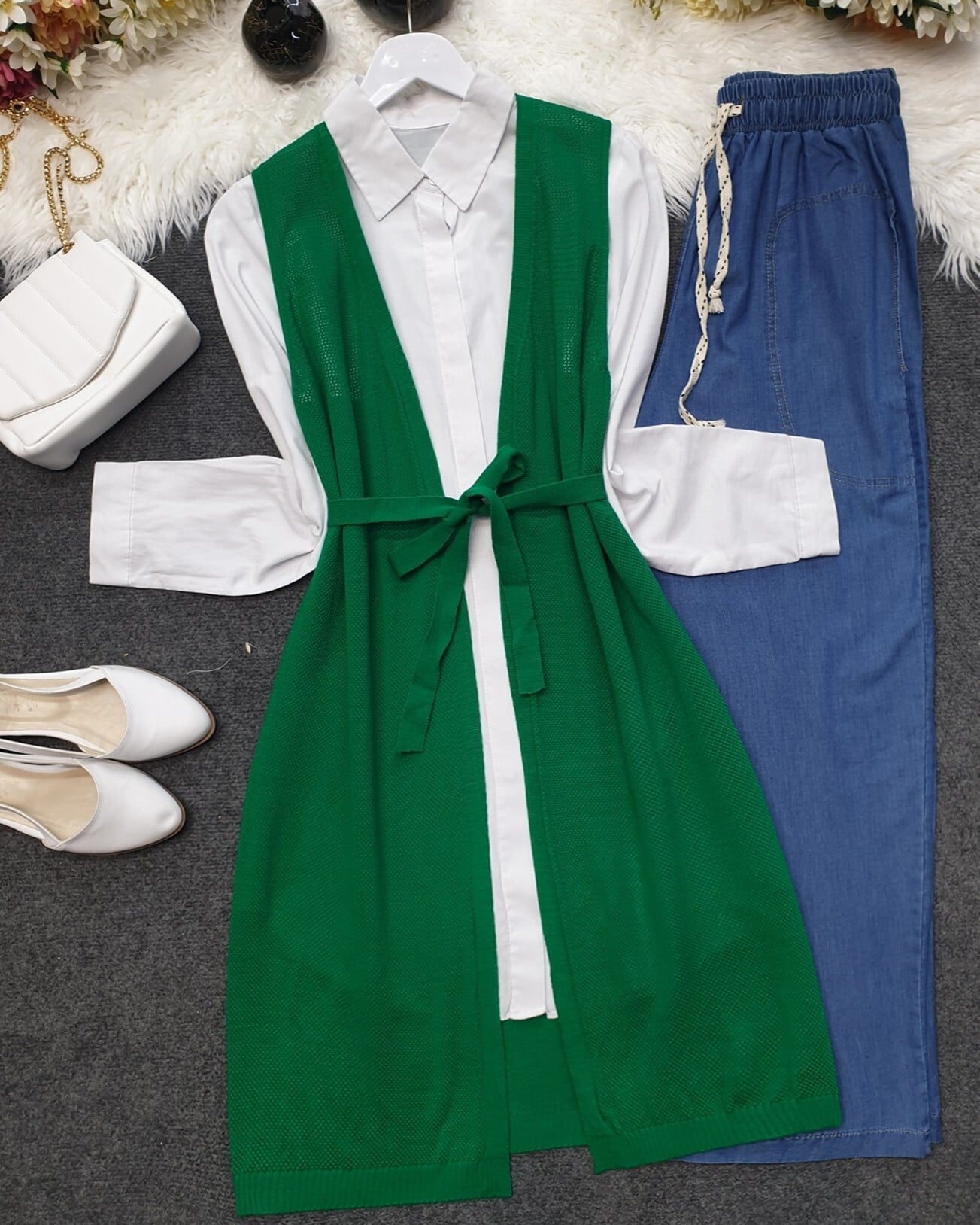 Mesh Patterned Belted Knit Cardigan - Green - Podyumplus - by Peralane