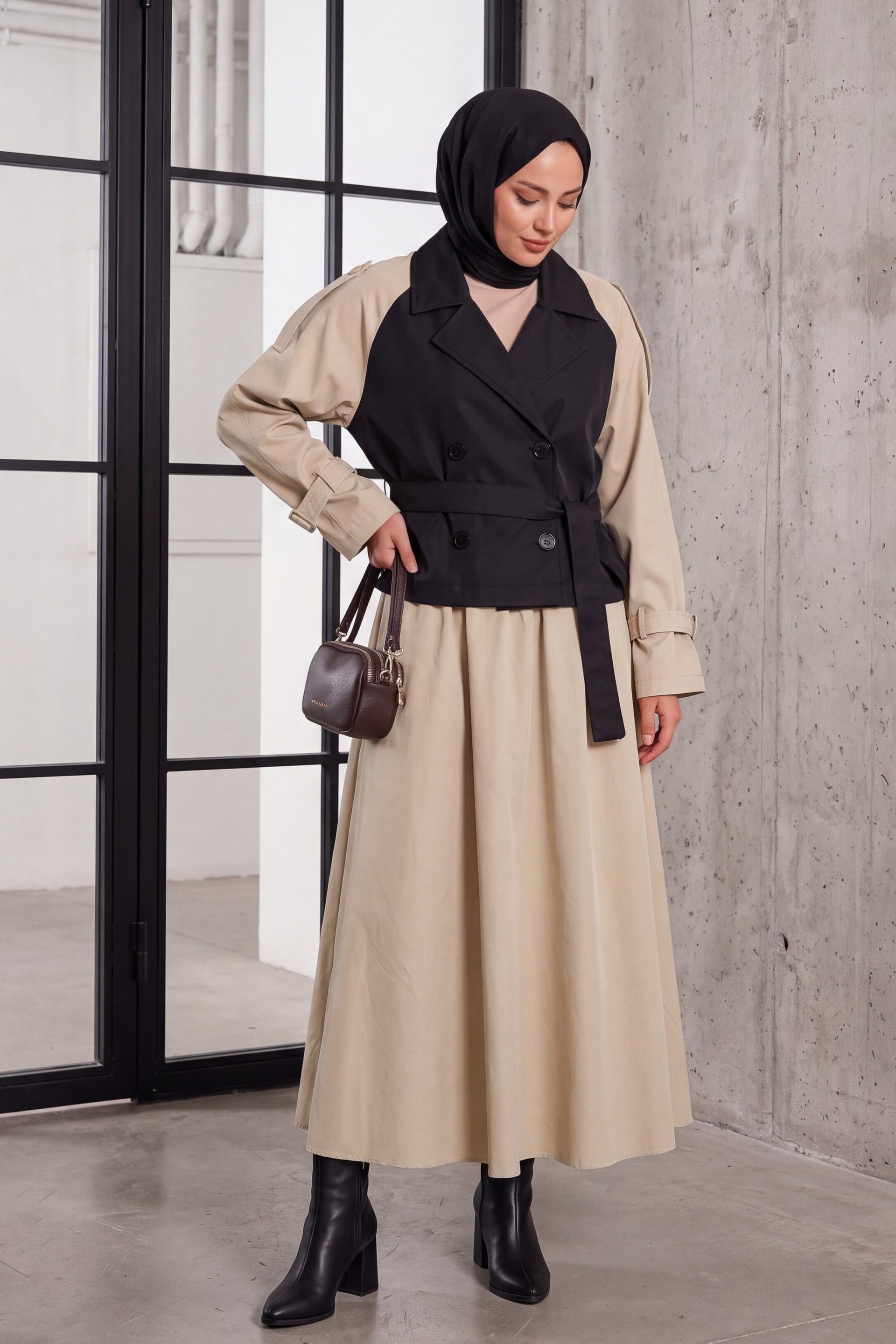 Women's Belted Short Trench Coat 5970 - Black - Beige - Wholeskop - by Peralane - photo 5