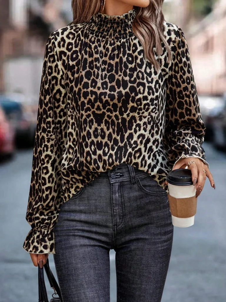Women's Long Sleeve Leopard Print Smocked Mock Neck Suprem Blouse - Janes - by Peralane - photo 2
