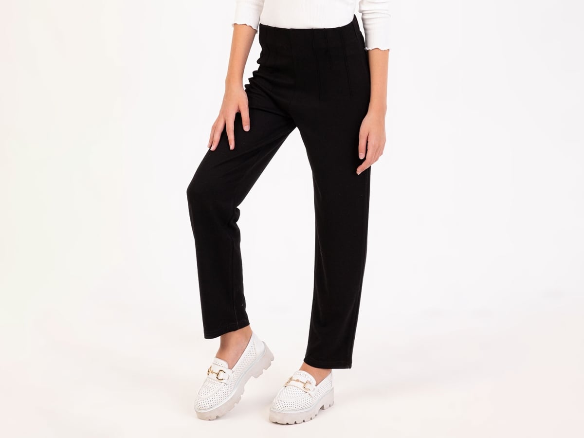 Girls' High-Waist Trousers with Stitching Detail - Black - Nickel - by Peralane
