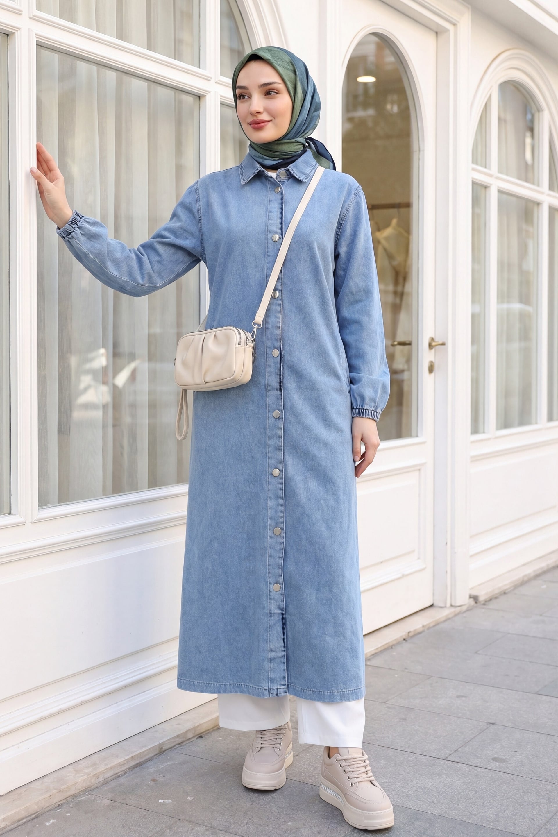 Light Blue Denim Long Jacket with Elastic Cuffs and Full-Button Front - Podyumplus - by Peralane - photo 4