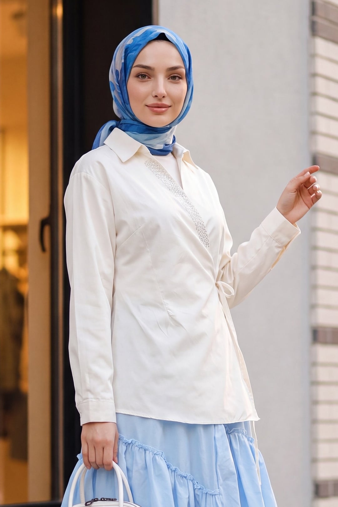 Side-Tie Stone-Detailed Wrap Collar Poplin Blouse - Cream - Podyumplus - by Peralane
