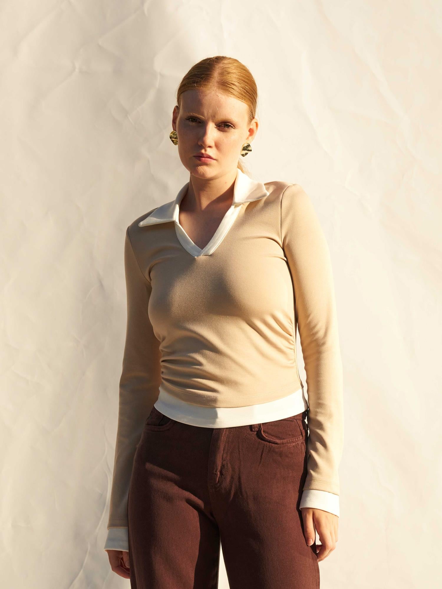 Women's Beige Long-Sleeved Contrast Collar Knit Blouse - Lefon - by Peralane - photo 6
