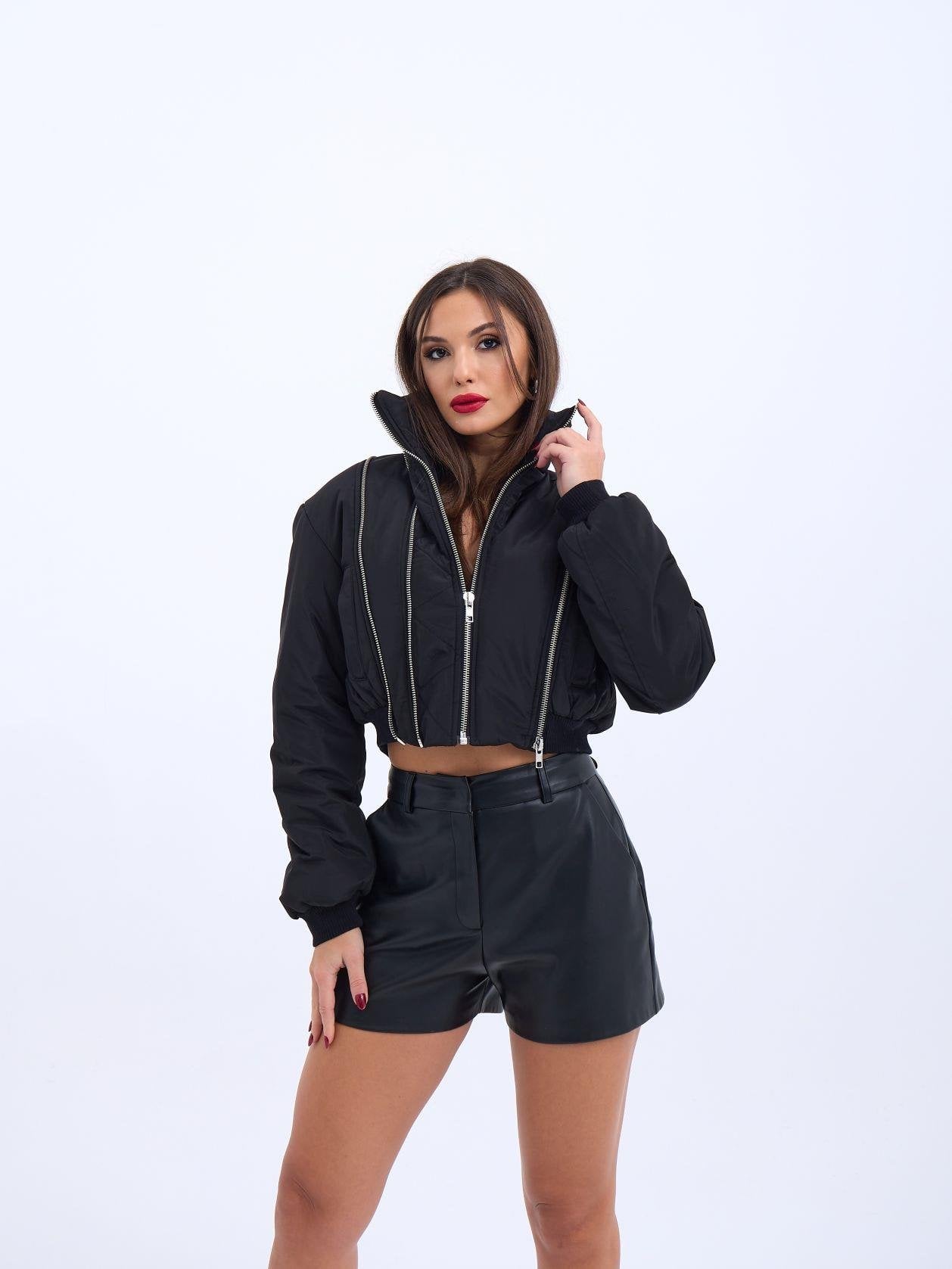 Women's Cropped Puffer Jacket and Faux Leather Shorts Set - Fame - by Peralane - photo 4