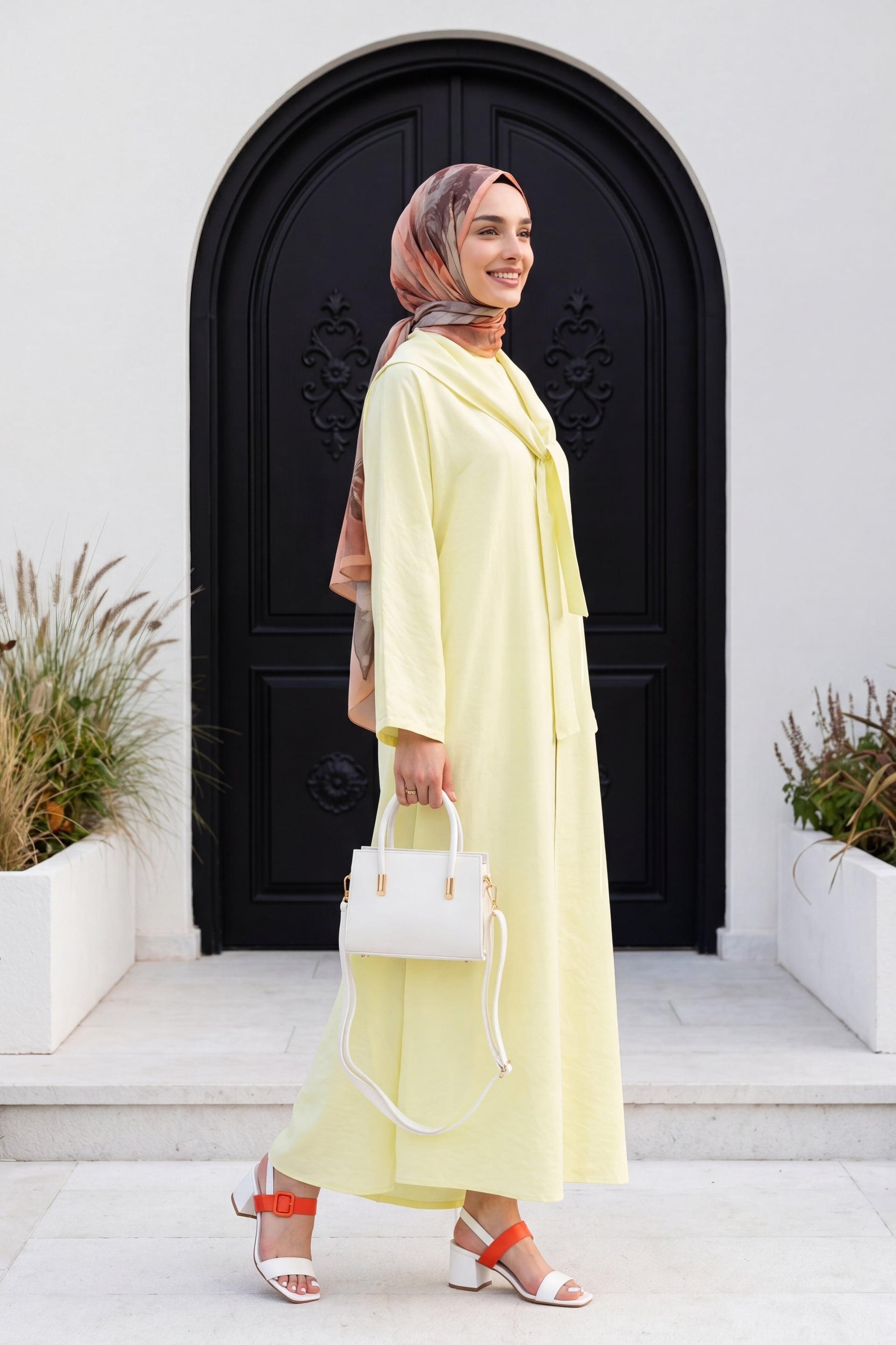 Pale Yellow Modal Two-Piece Set with Scarf Detail and Deep Slit Pants with Pockets - Podyumplus - by Peralane - photo 4