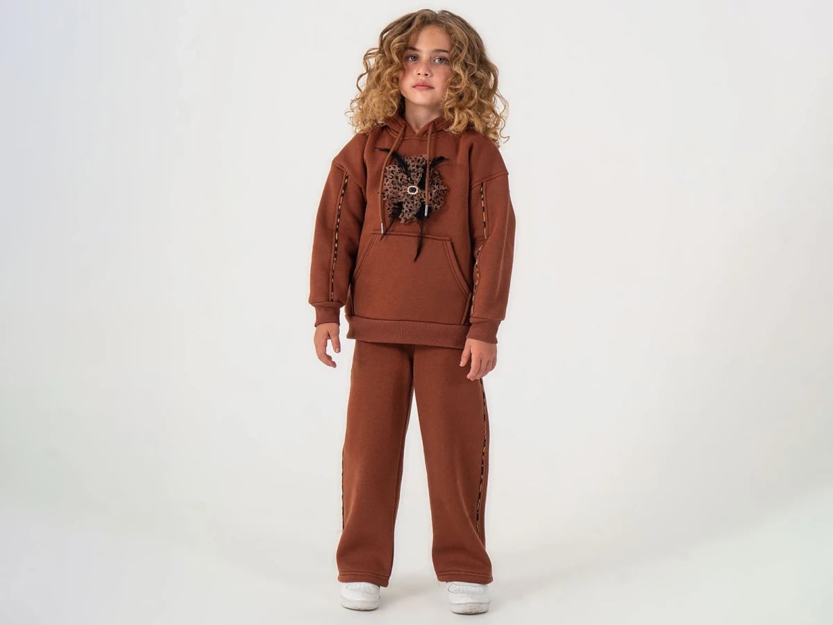 Girls' Leopard Print Hooded Sweatshirt and Trousers Set in Dark Brown - Lumii - by Peralane
