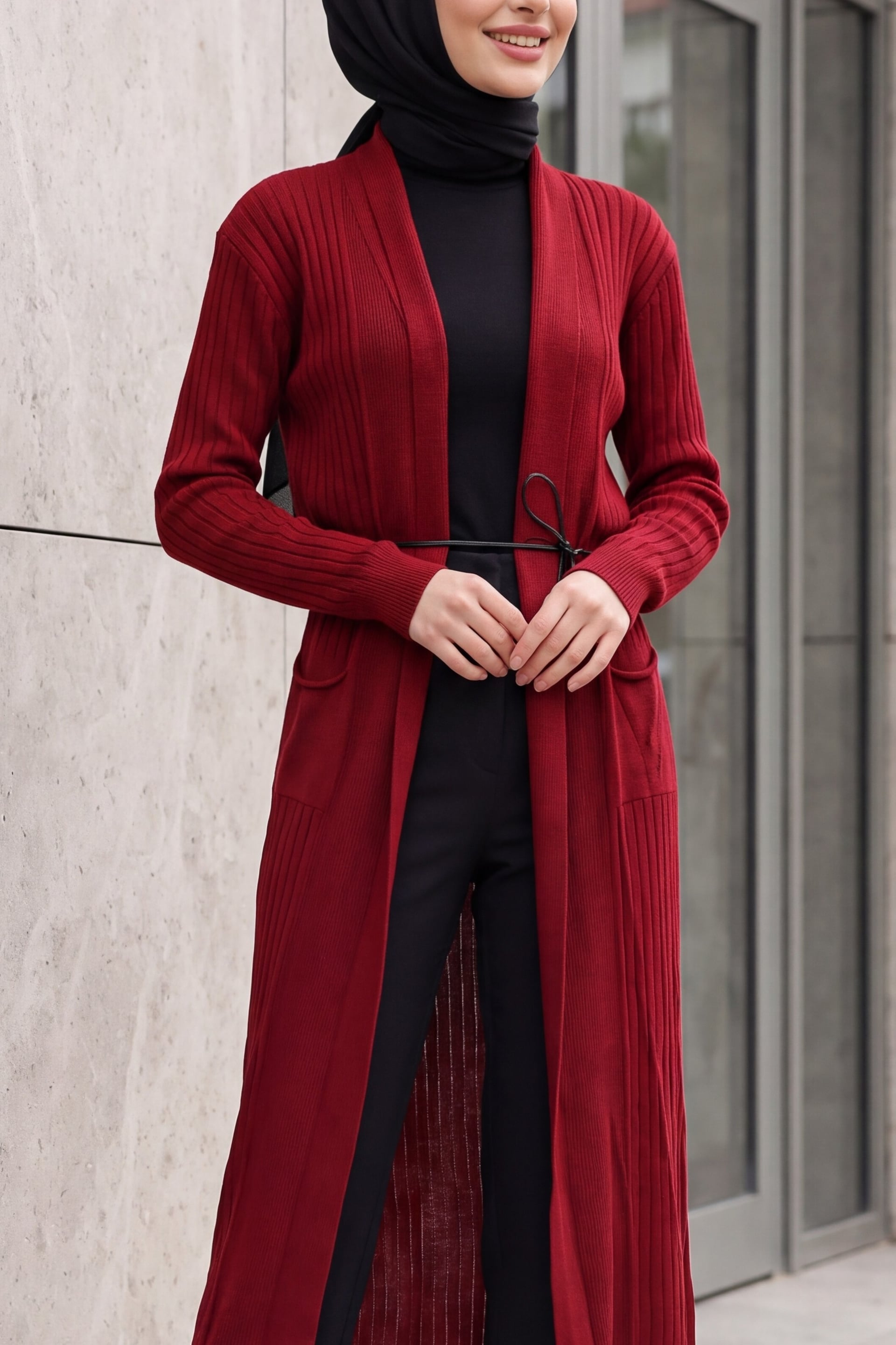 Long Ribbed Knit Cardigan with Belt - Burgundy - Bigdart - by Peralane