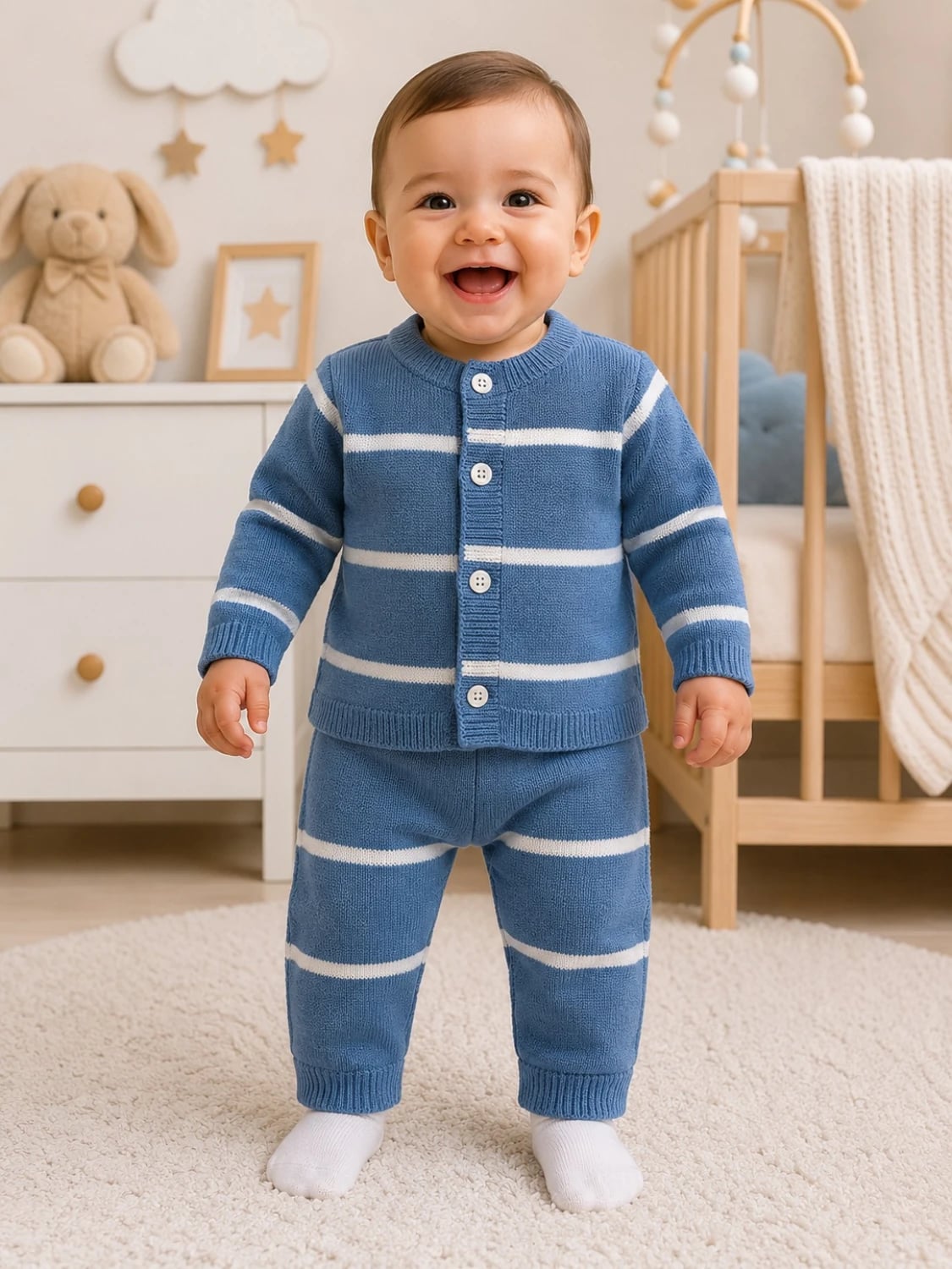 Blue Striped Knit Baby Cardigan and Trousers Set - 3 Pack - Has Bereket - by Peralane