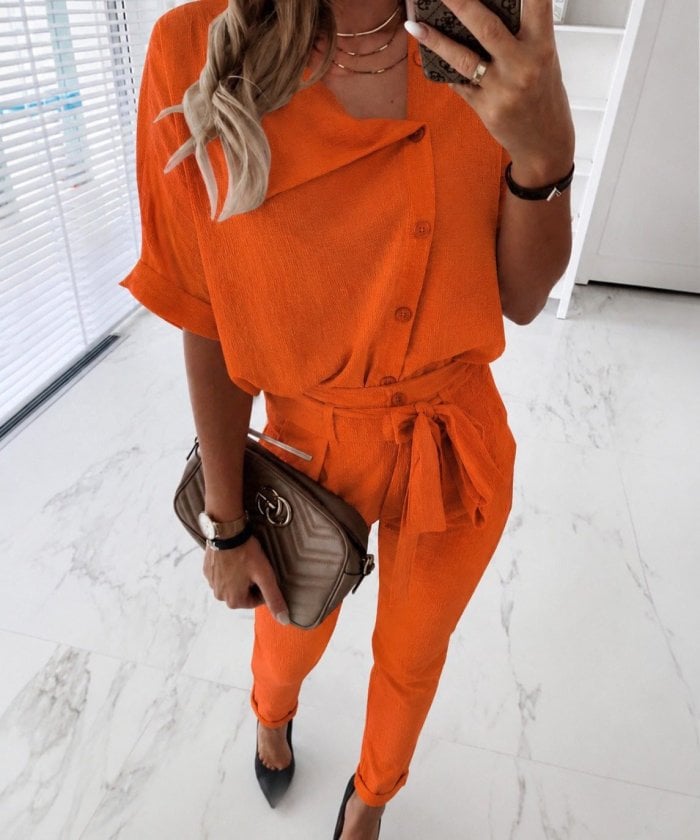 Women's Short Sleeve Collared Button-Up Crinkle Blouse and Trousers Two-Piece Set - Janes - by Peralane - photo 2