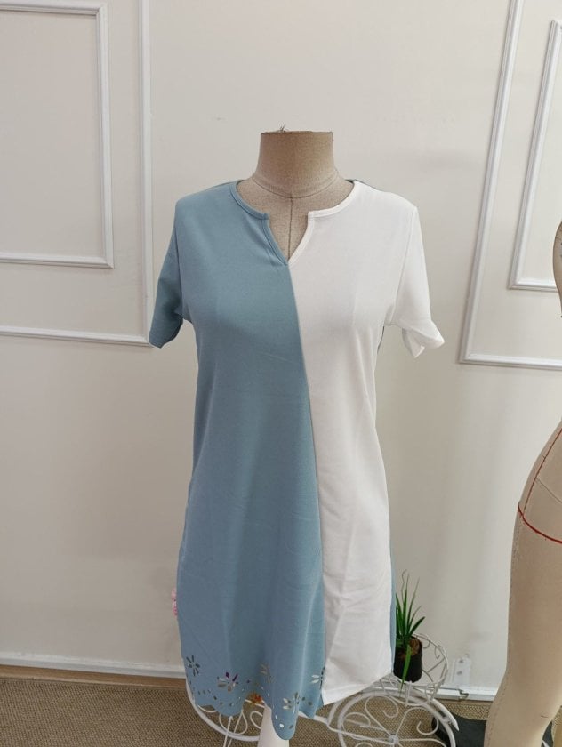 Women's Short Sleeve V-Neck Two-Tone Laser Cut Floral Crepe Dress - Janes - by Peralane - photo 4