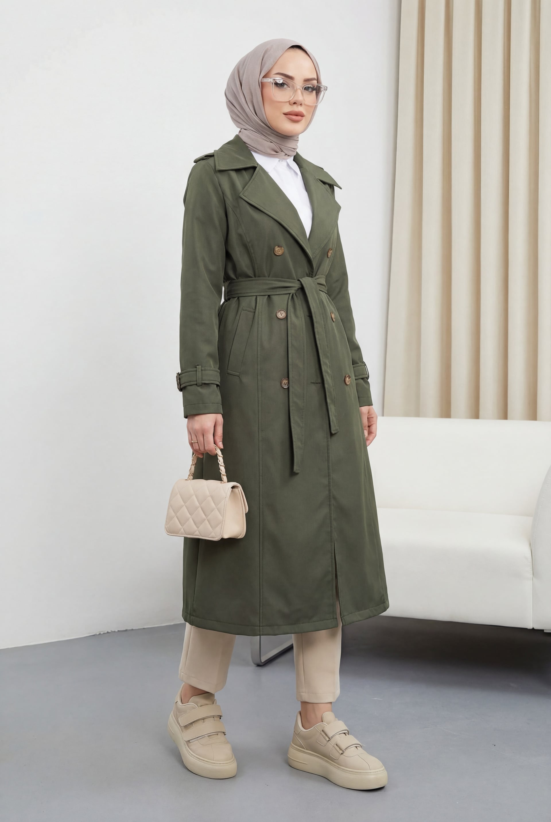 Women's Lined Belted Trench Coat - Olive Green - Podyumplus - by Peralane