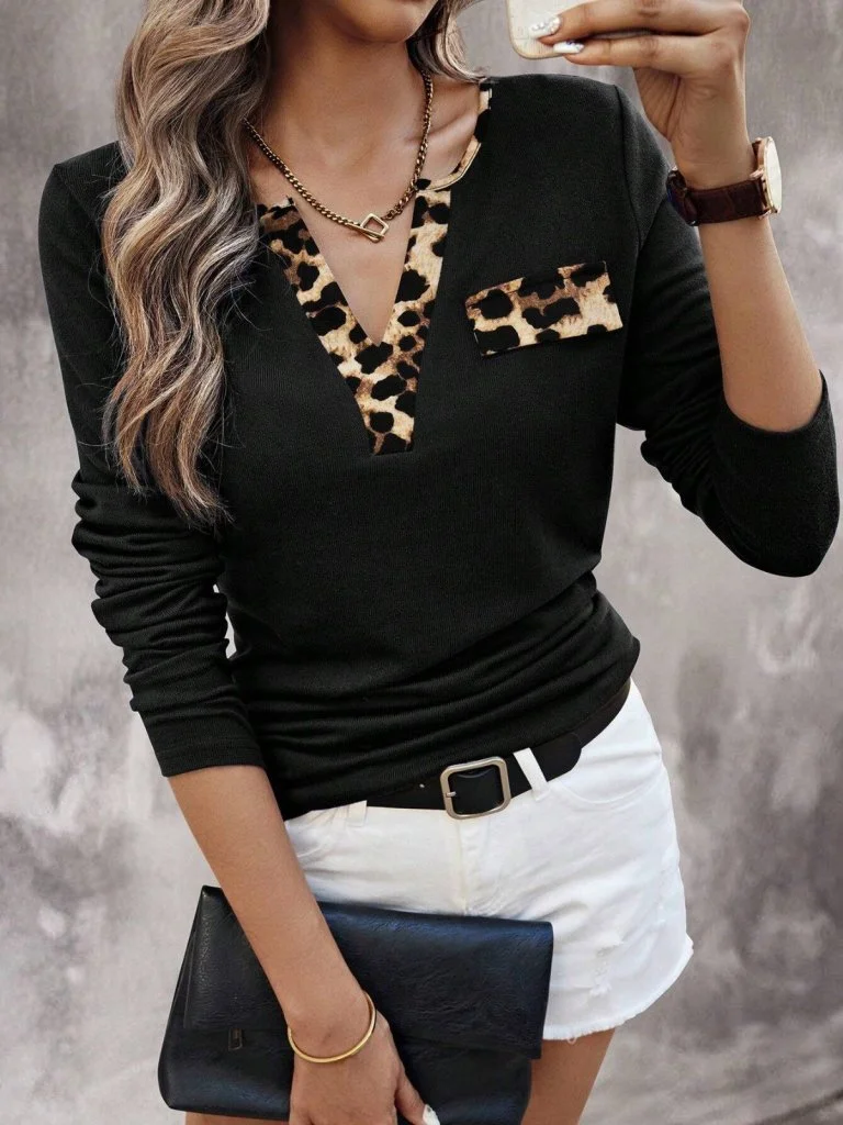 Women's Long-Sleeved V-Neck Leopard Trim T-Shirt, Black, Pack of 6 - Janes - by Peralane - photo 4