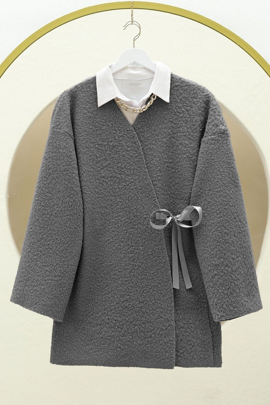 Side-Tie Boucle Kimono in Dark Grey - Podyumplus - by Peralane