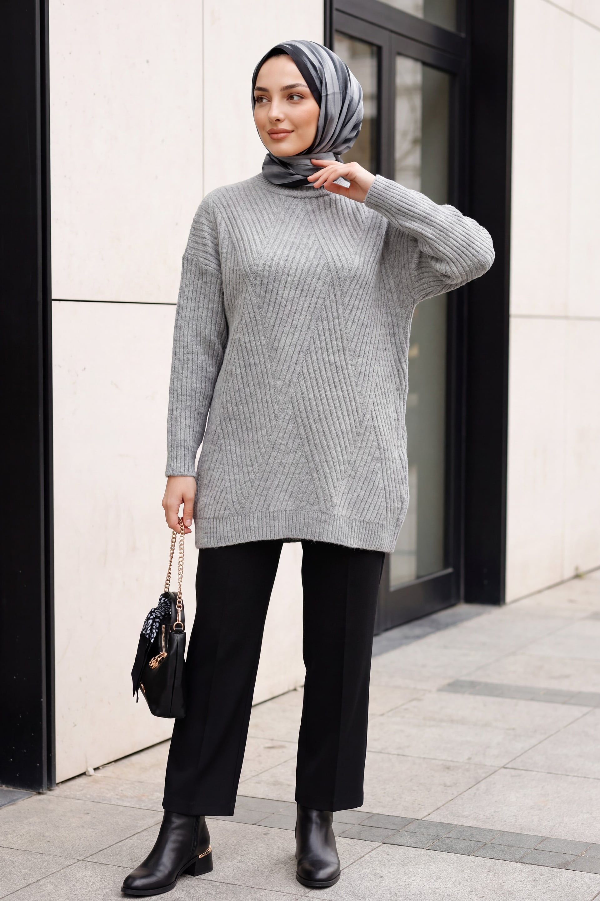 Diamond Pattern Knit Tunic - Grey - Podyumplus - by Peralane - photo 5