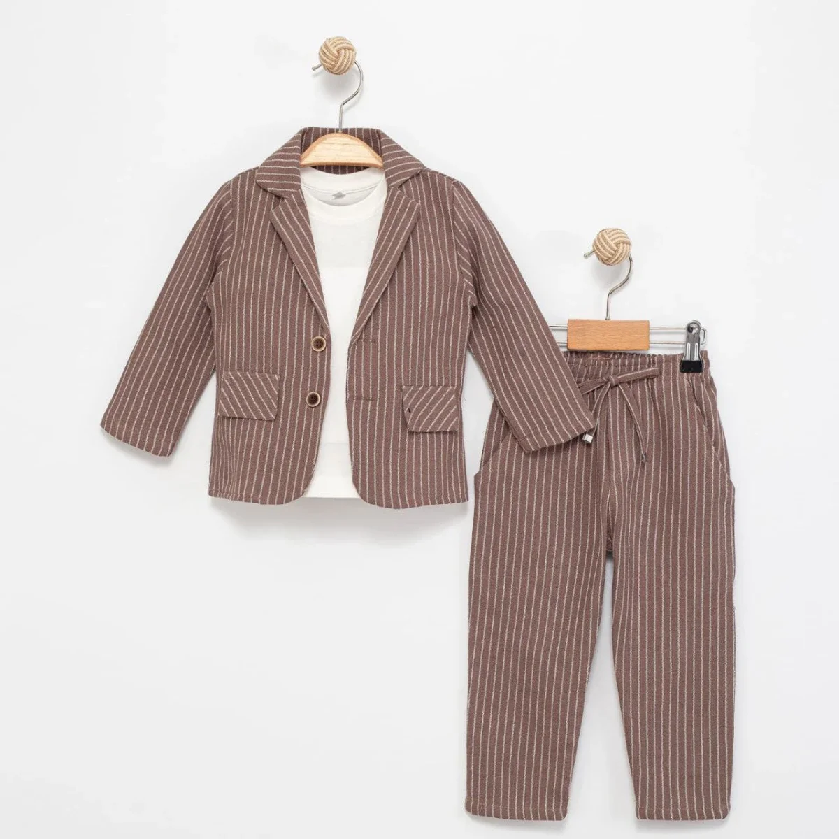 Boys' Brown Pinstripe Suit Set with T-Shirt - 6-24 Months, 4-Piece Pack - Terry - by Peralane