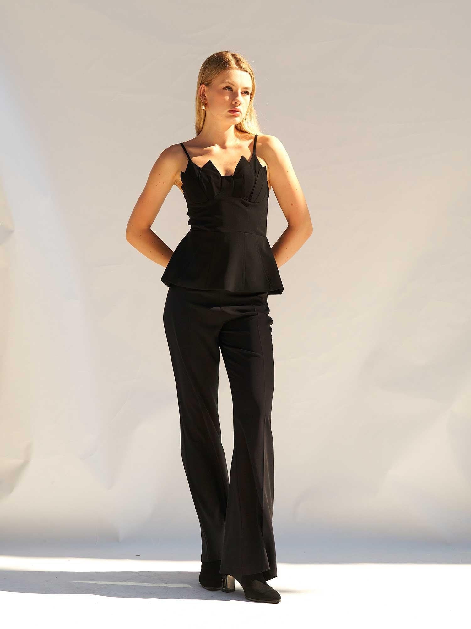 Black Peplum Top and Wide-Leg Trousers Two-Piece Set - Lefon - by Peralane - photo 4