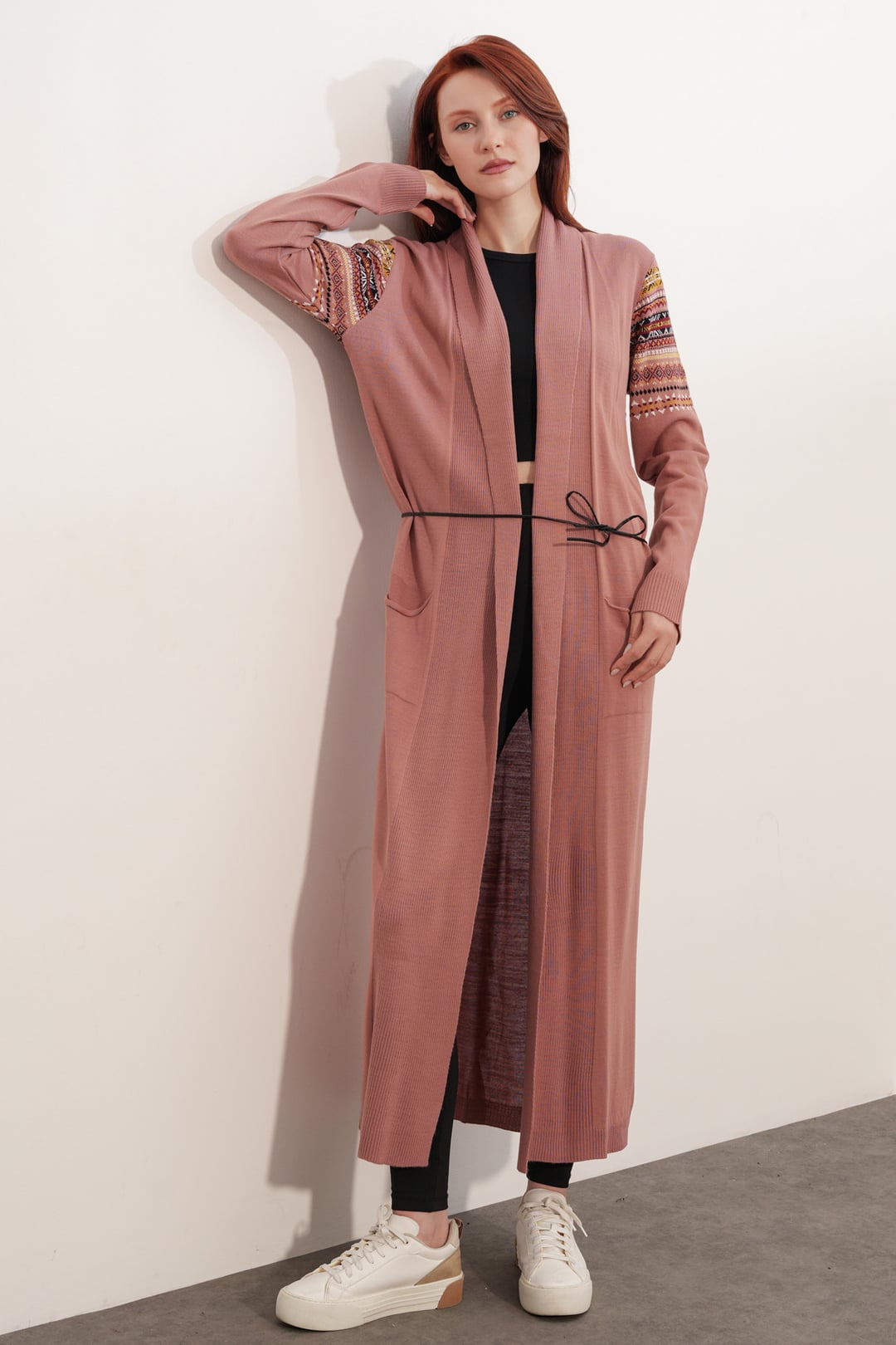 Long Knit Cardigan with Belt - Dusty Rose - Bigdart - by Peralane - photo 4