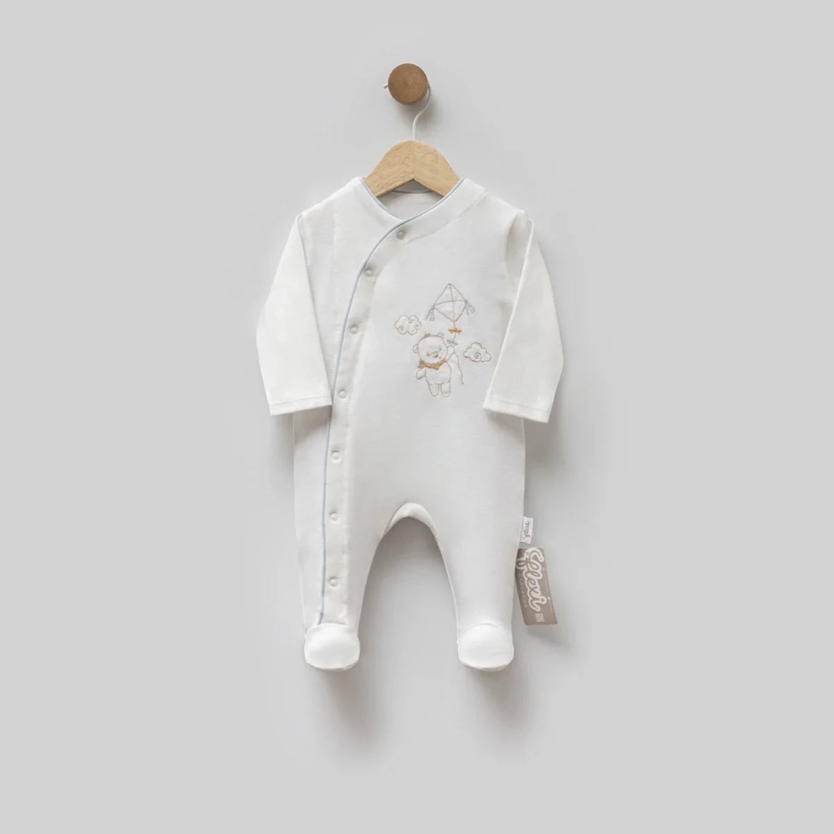 Baby Romper with Teddy Bear Kite Embroidery - Ecru - Flexi Baby - by Peralane
