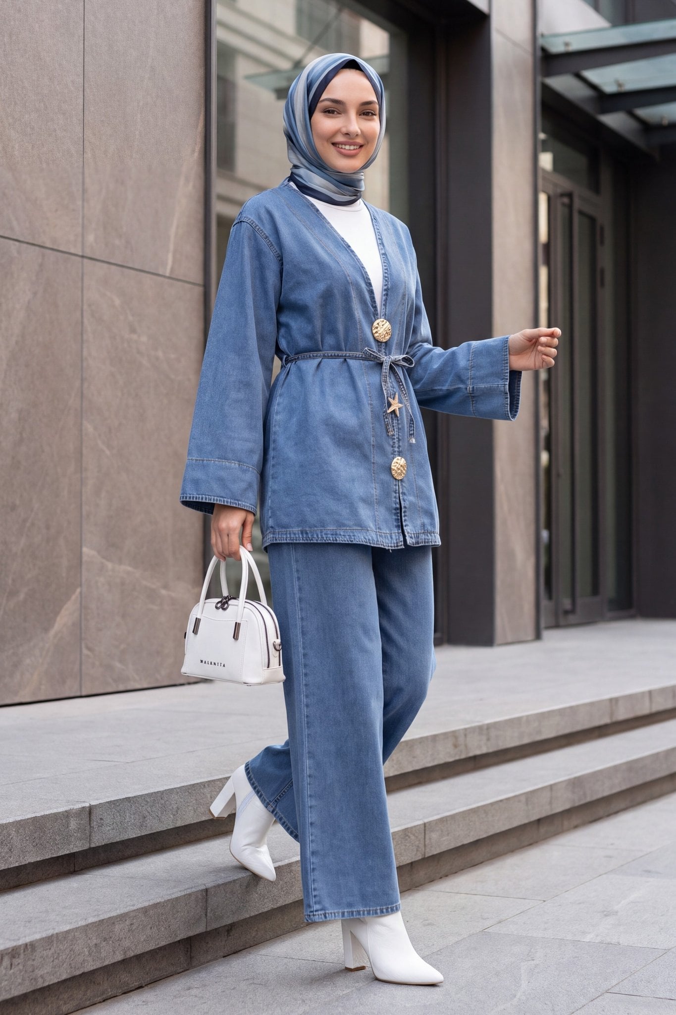 Brooch Detail Belted Denim Kimono Set with Wide-Leg Trousers - Ice Blue - Podyumplus - by Peralane - photo 4