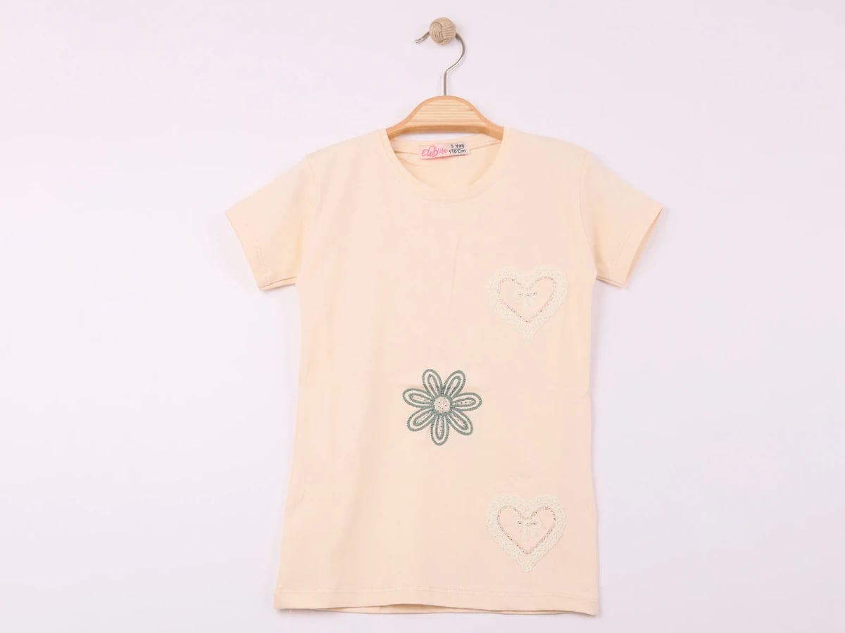 Girls' Heart Embroidered T-Shirt in Beige - Elsa - by Peralane