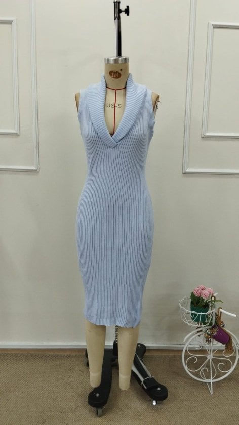 Women's Sleeveless Ribbed Knit Midi Dress with Folded Collar - Janes - by Peralane - photo 4