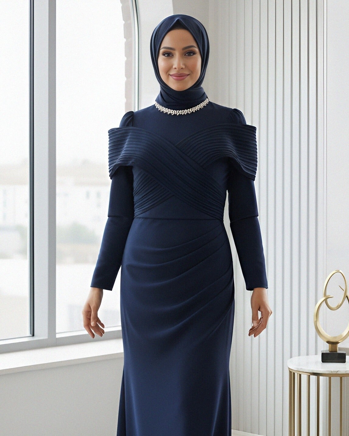 Beaded Neckline Pleated Evening Dress - Navy Blue - Podyumplus - by Peralane - photo 4