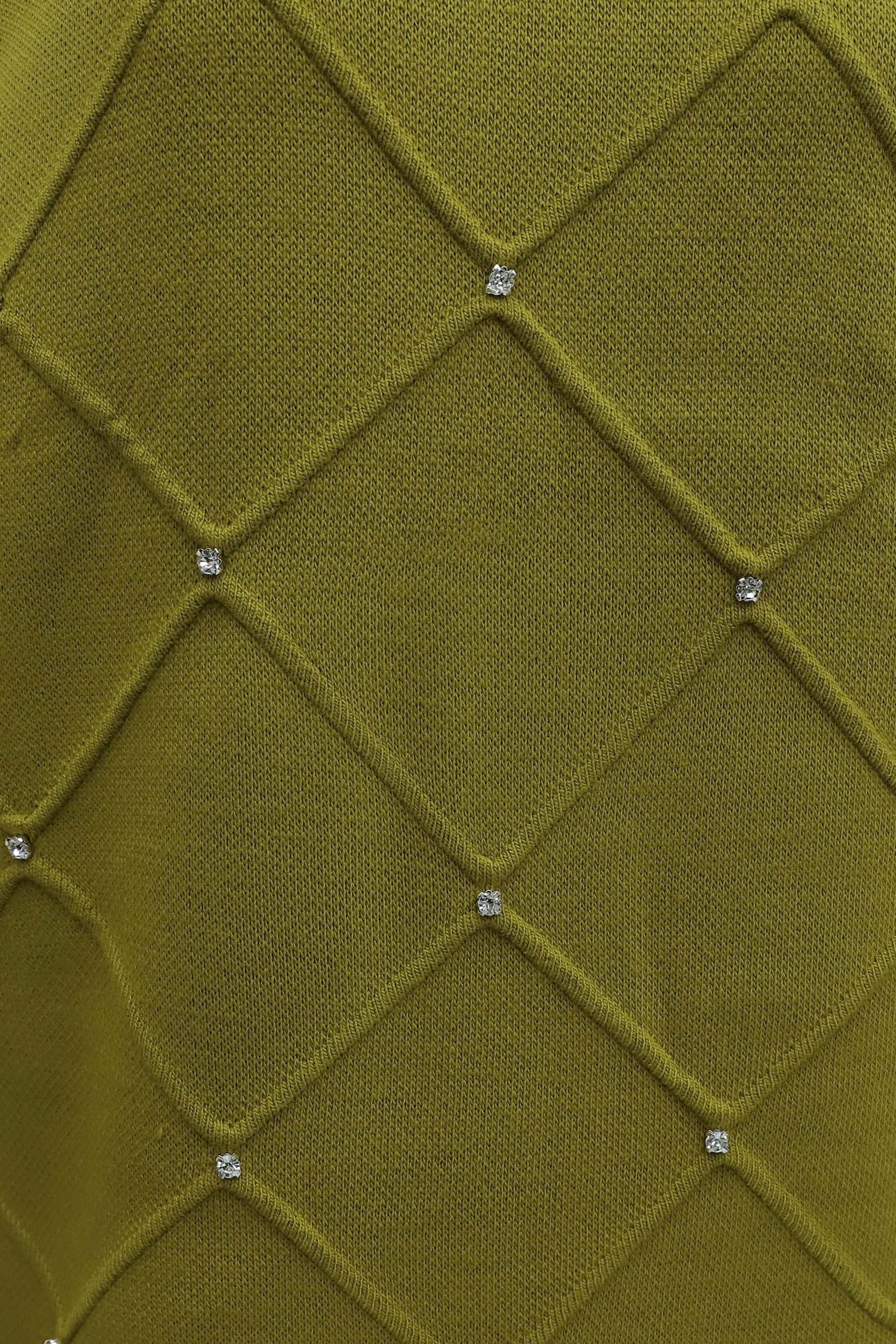 Stone Detail Check Pattern Balloon Sleeve Knit Dress - Olive Green - Podyumplus - by Peralane - photo 6