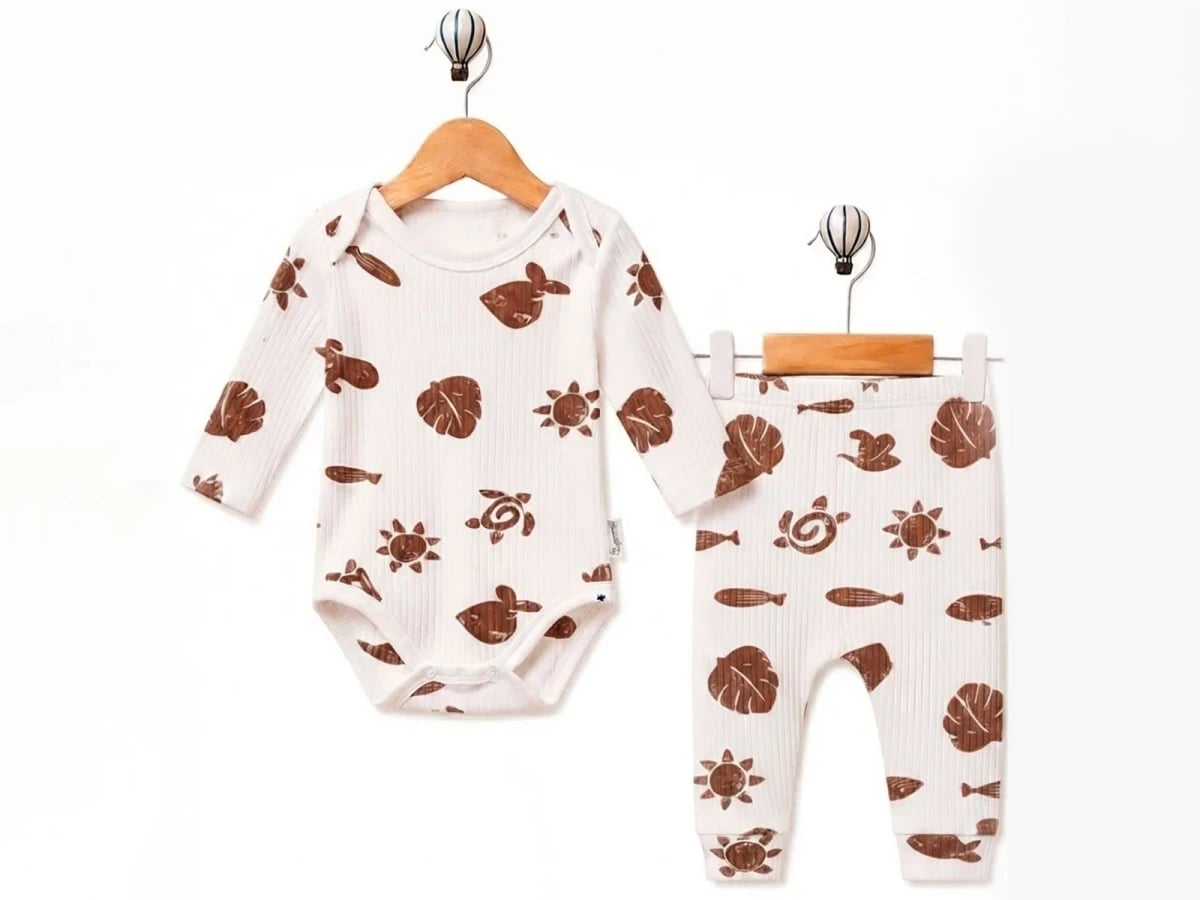 Leaf Print Baby Set - Bodysuit and Trousers - Supermini - by Peralane