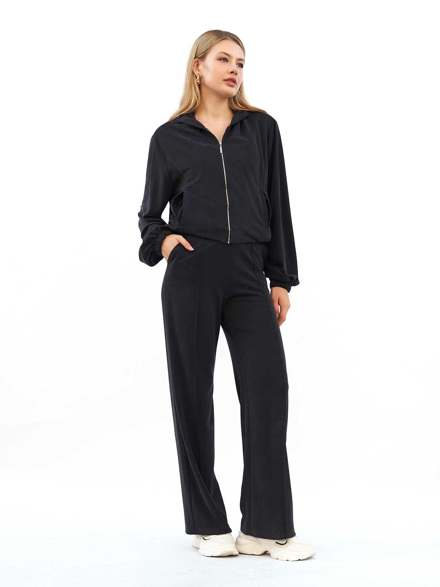 Black Hooded Knit Bomber Tracksuit Set for Women - Lefon - by Peralane - photo 8