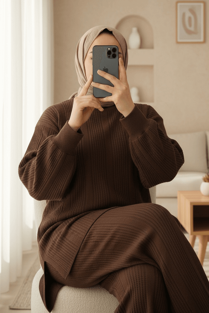 Crew Neck Balon Kol Knit Set - Kahve - Podyumplus - by Peralane