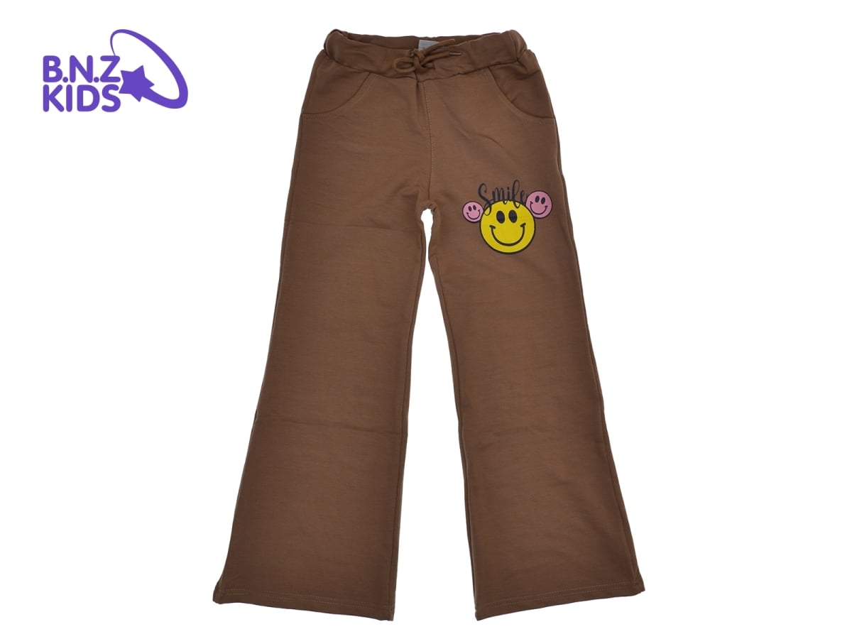 Girls' Brown Smile Print Wide-Leg Trousers - Pack of 4 - Caribou - by Peralane