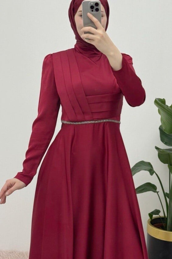 Beaded Belt Draped Satin Evening Dress in Burgundy - Podyumplus - by Peralane - photo 5