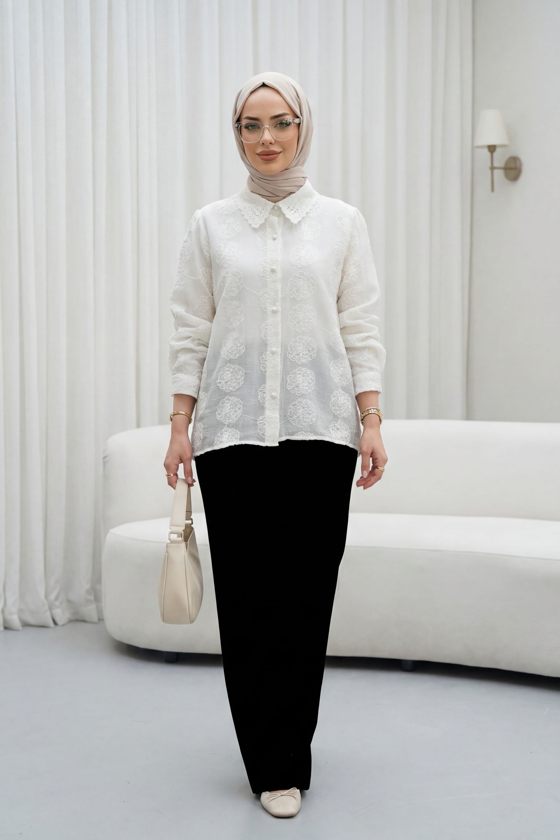 Lace Collar Patterned Jacquard Blouse - Ecru - Podyumplus - by Peralane - photo 2