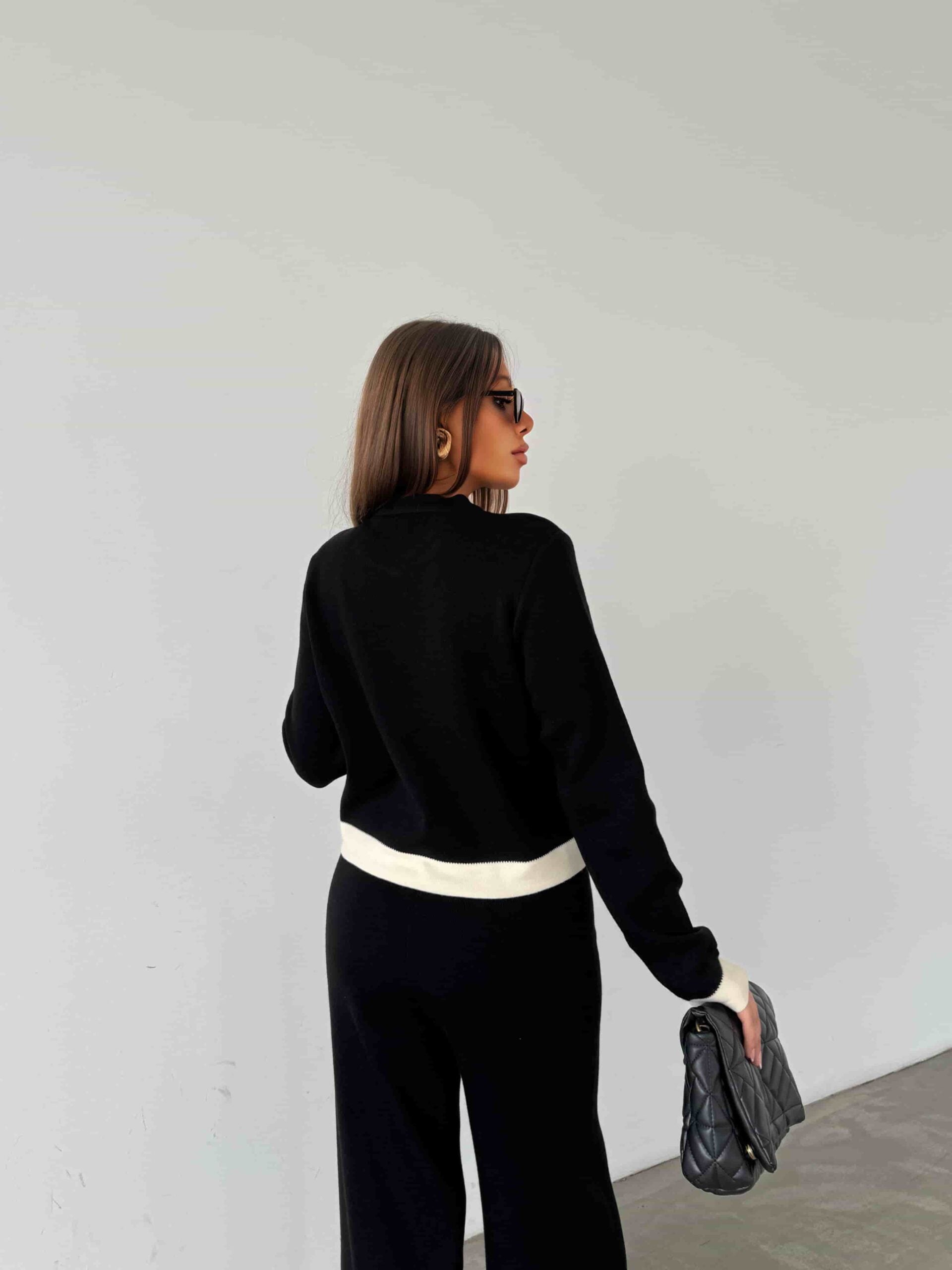 Black Knit Cardigan and Wide-Leg Trousers Set with Cream Trim - My Bee - by Peralane - photo 4