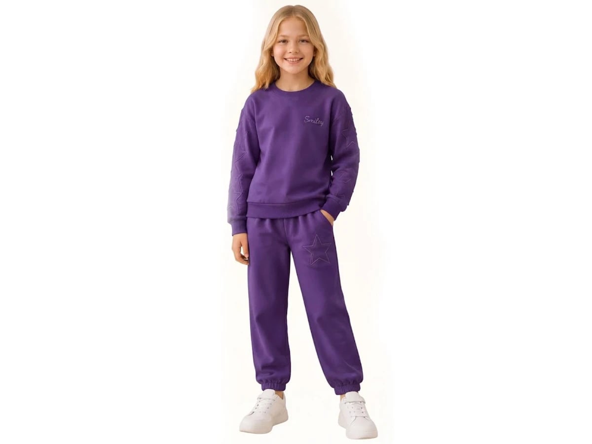 Girls' Purple Smiley Embroidered Tracksuit Set - Palm Life - by Peralane