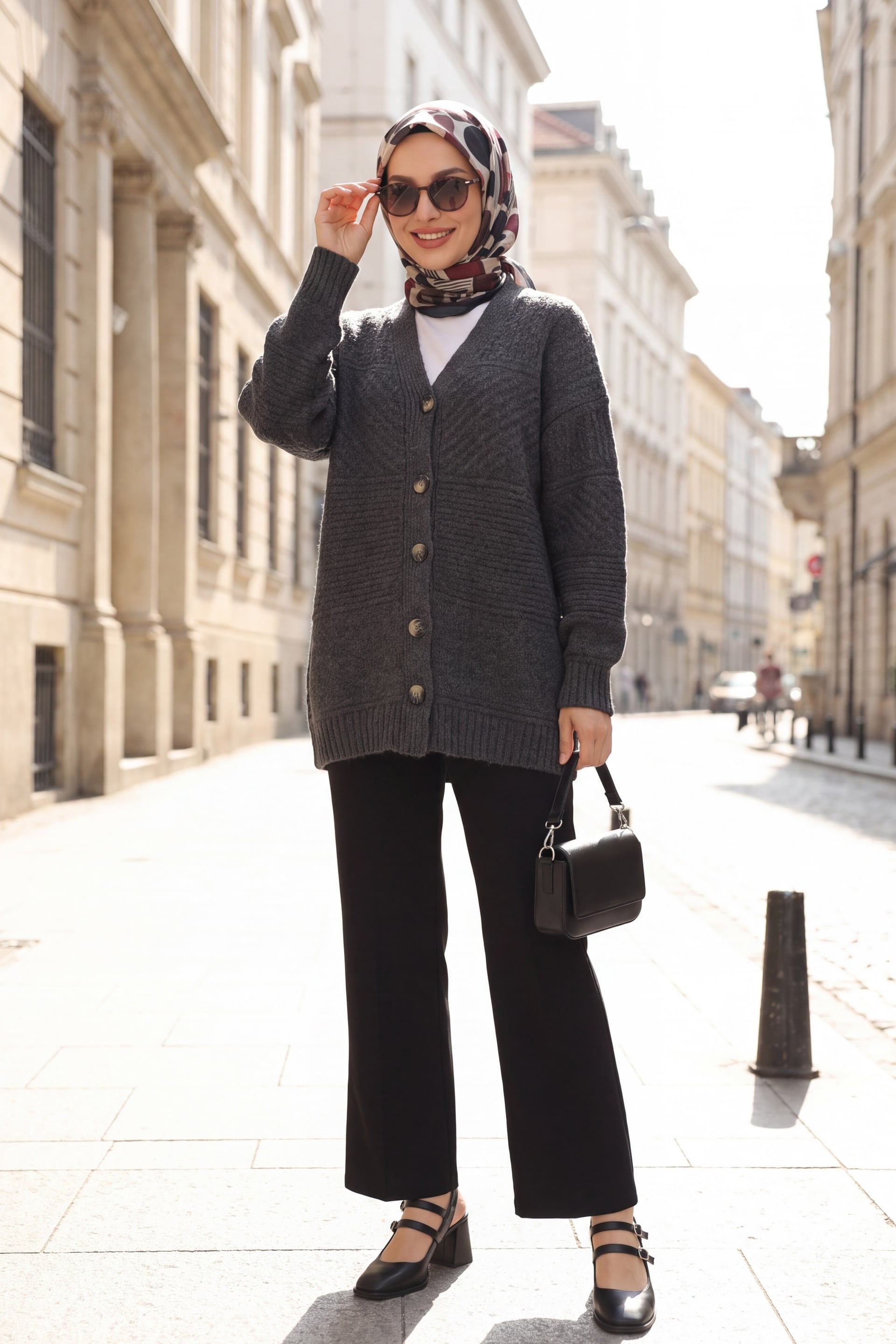 Button-Front V-Neck Relaxed Knit Cardigan - Smoke - Podyumplus - by Peralane - photo 3