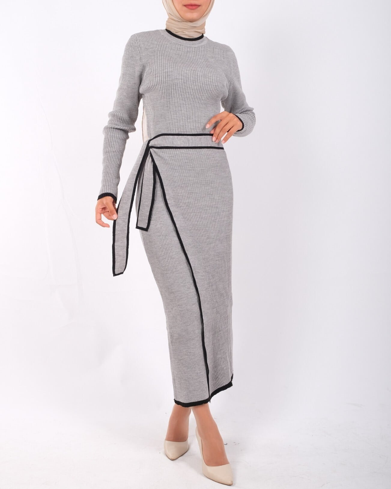 Grey Ribbed Knit Midi Dress with Wrap Skirt and Self-Tie Belt - Podyumplus - by Peralane - photo 5
