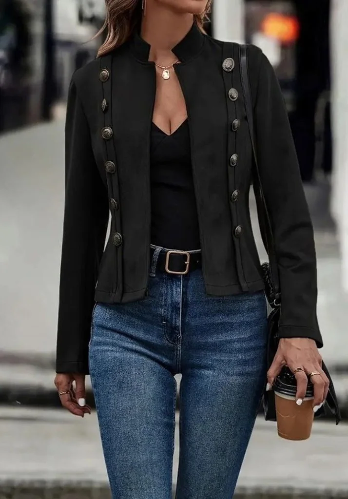 Women's Short Suede Jacket with Collar and Side Buttons - Janes - by Peralane - photo 3