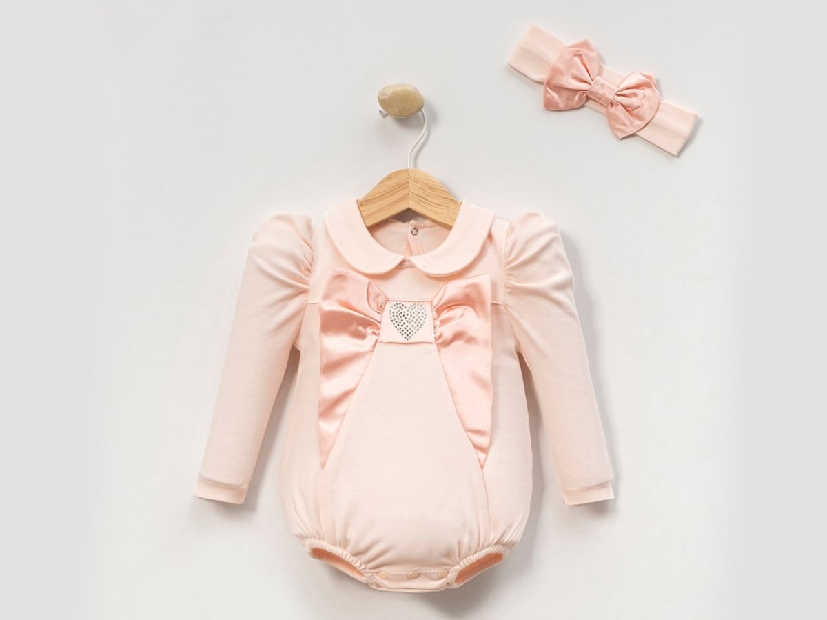 Baby Girl's Heart-Embroidered Romper Set with Headband - Powder Pink - Cayzen - by Peralane